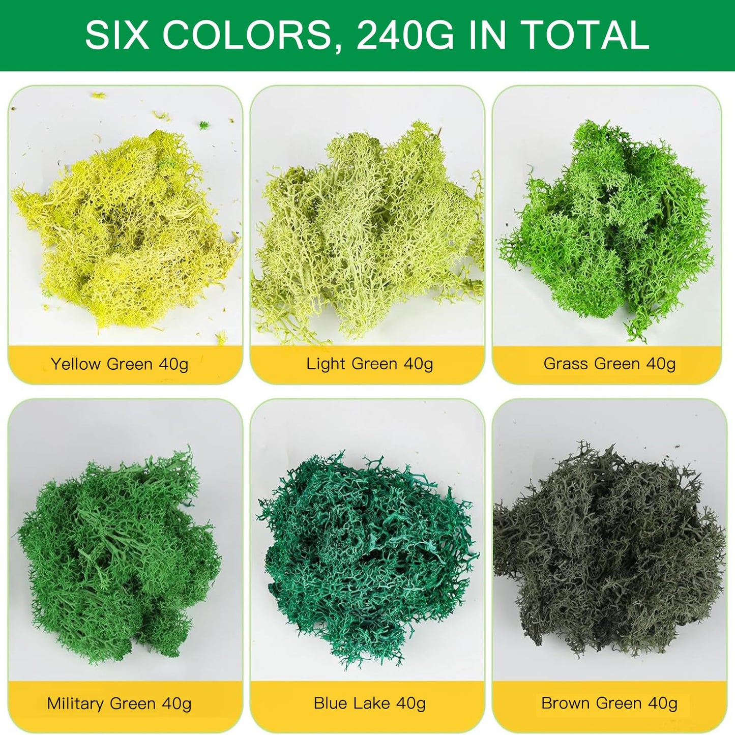 XIEJ Moss - Moss for Plants in 6 Colours, 240g Preserved Moss, Real Durable Natural Decorative Moss for Moss Picture Crafting/Decoration and Model Making Easter Decoration