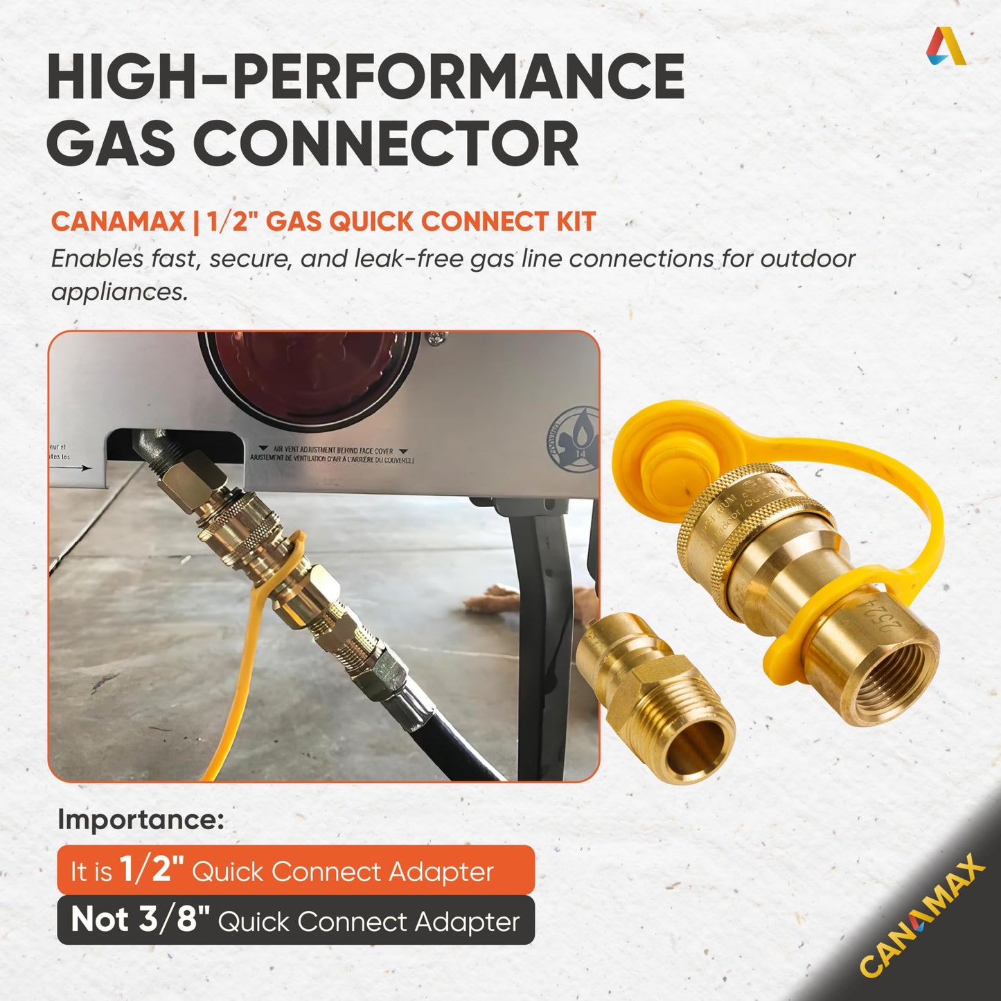 1/2-Inch Solid Brass Quick Connect & Disconnect Fitting Kit by Canamax – Female & Male Connector Set for Natural Gas Appliances, Heater or Grill (Accessory Only, No Gas Included)