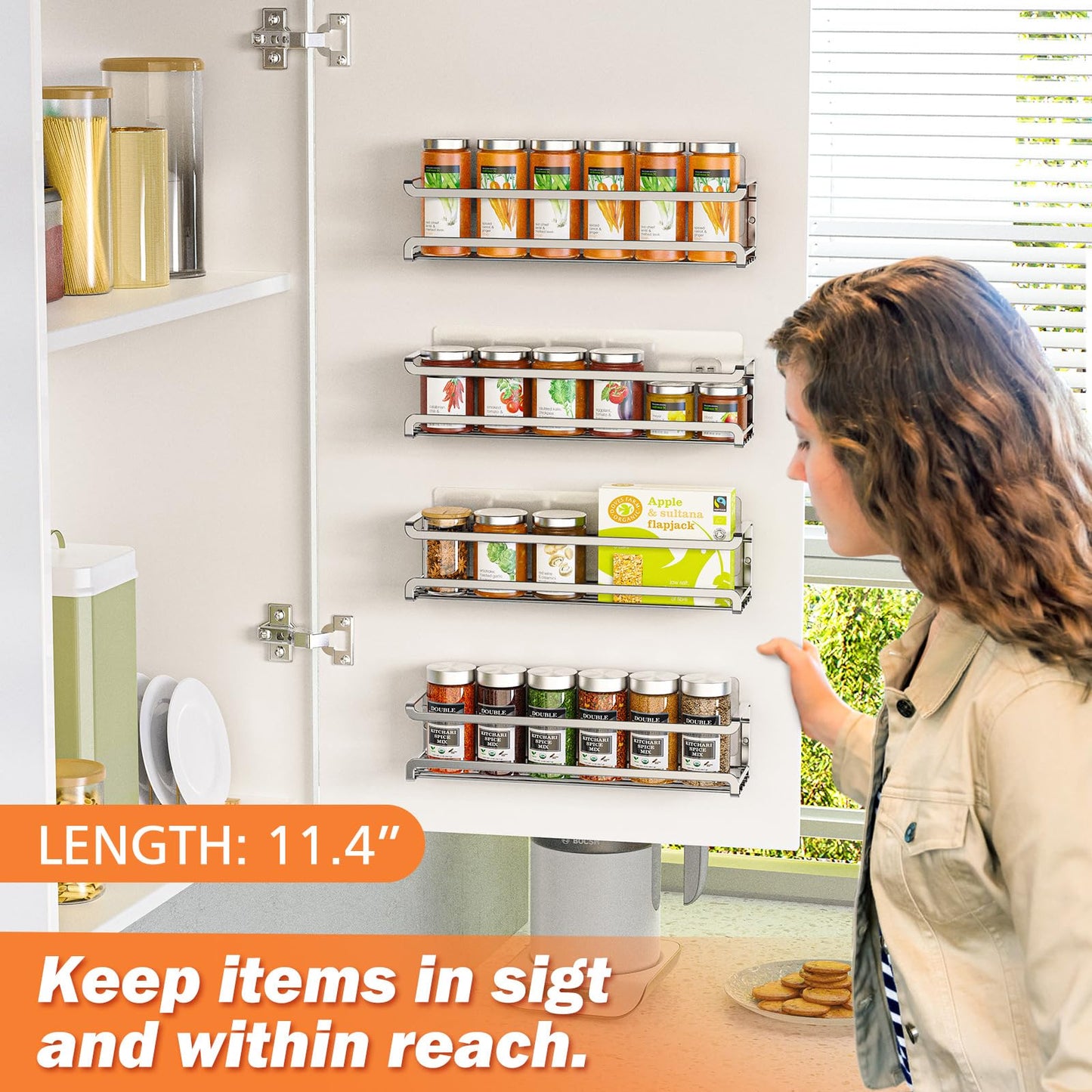 Bunoxea Spice Rack wall mounted 4 Pack, Space-Saving Spice Organizer for Spice Jars and Seasonings,Screw or Adhesive Hanging Spice Rack Organizer for Your Kitchen Cabinet,or Pantry Door,Chrome
