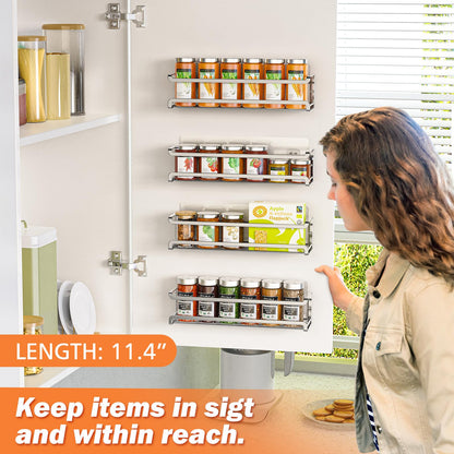Bunoxea Spice Rack wall mounted 4 Pack, Space-Saving Spice Organizer for Spice Jars and Seasonings,Screw or Adhesive Hanging Spice Rack Organizer for Your Kitchen Cabinet,or Pantry Door,Chrome