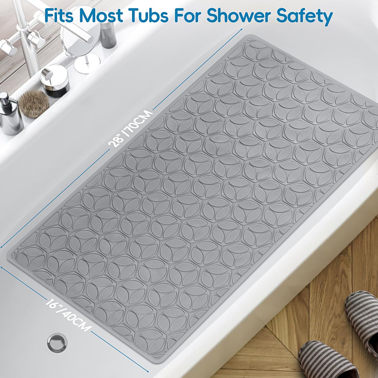 WRISIN Bathtub Mat Non Slip with Suction Cups - 100% Rubber Bathroom Mat Textured for Bath Tub Shower Safety - Soft on Touch - BPA/PVC Free - Pet Dog Bath Mat - Machine Washable - 16 × 28 Inch（Gray）