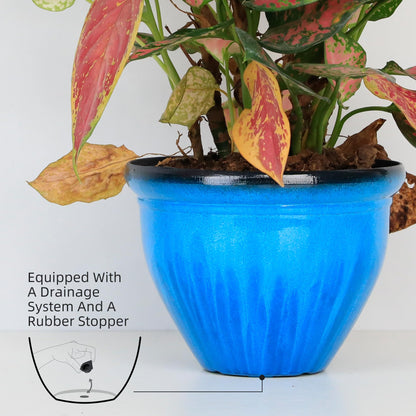 Worth Garden 8-Inch Dia. Round Blue Plastic Planters with Drain Holes, 5.9-Inch Height - 2-Pack Glossy Finish Bell-Shaped Plant Pot – Lightweight Indoor/Outdoor Flower Pots