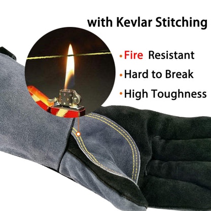 WZQH 16 Inches,932℉,Leather Forge Welding Gloves, Heat/Fire Resistant,Mitts for BBQ,Oven,Grill,Fireplace,Tig,Mig,Baking,Furnace,Stove,Pot Holder,Animal Handling Glove.Black-Gray