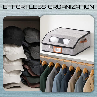 WERNNSAI Hat Storage Box for Men Women, Clear Window Hat Boxes Organizer Bag with Expanded Capacity, Holds up to 28 Hats Case with Lid for Baseball Caps Travel Closet, Grey
