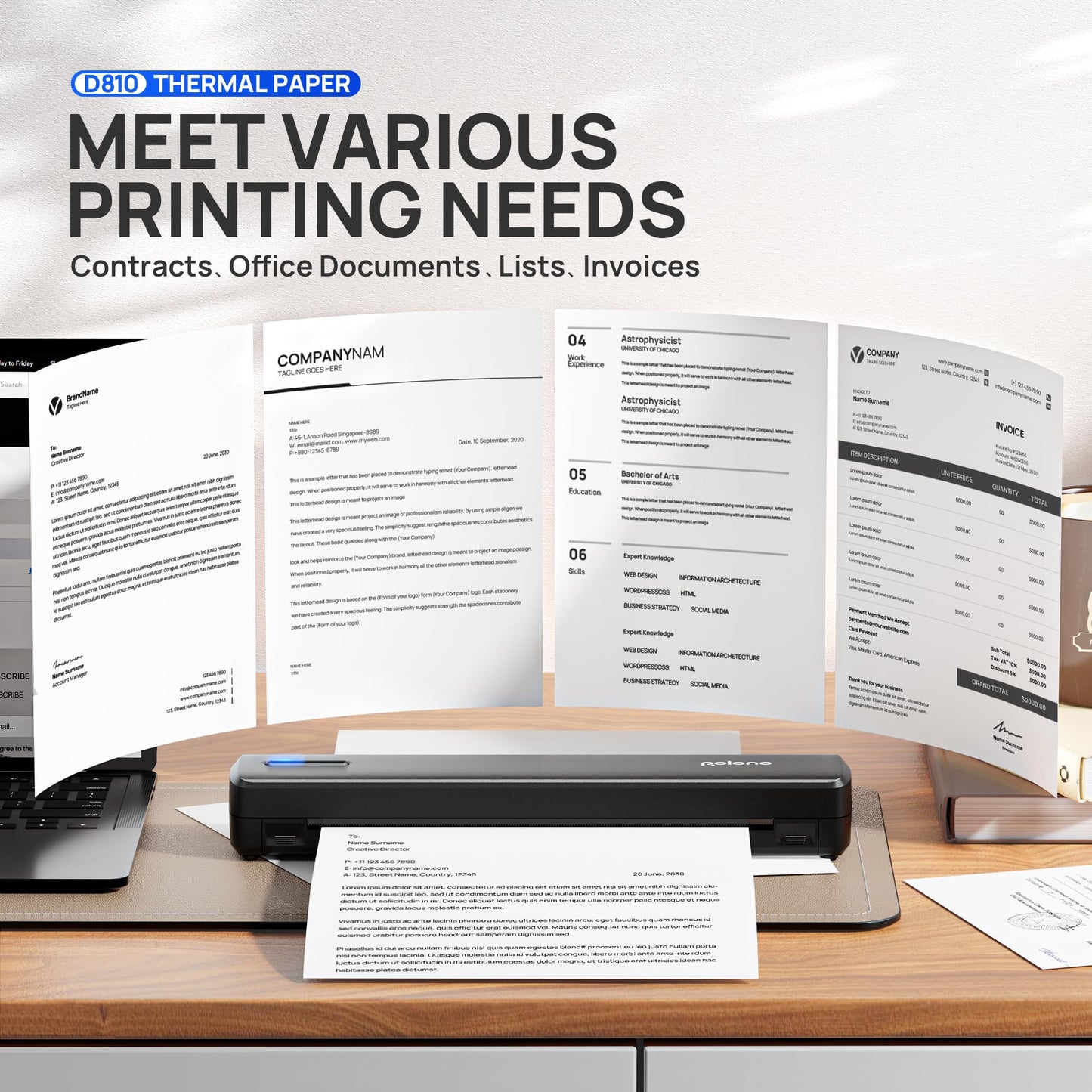 POLONO D810 Thermal Printer Paper 8.5 x 11 Inch, Advanced Thermal Printing, US Letter Size Thermal Paper Compatible with D810, Size 8.5" x 11", 4 Rolls, 7m