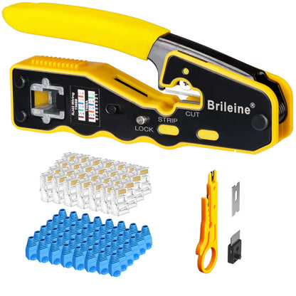 Brileine RJ45 Crimp Tool Pass Through RJ45 Crimper All-in-one Ethernet Crimper Kit with 50PCS Cat5e Cat6 RJ45 Pass Through Connectors, 50PCS Covers, Mini Wire Stripper