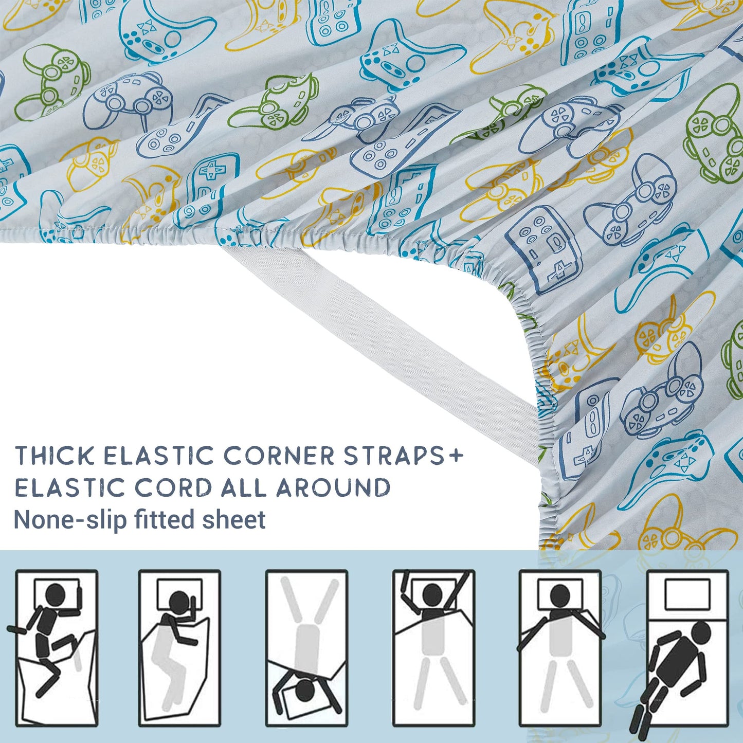 Viviland Kids Twin Single Sheet Set - Boys Game Twin Single Sheet Set - Kids Boys Twin Single Microfiber Fitted Sheet (15" deep Pocket) Flat Sheet - Light Grey Game Paddle Controller Printed
