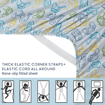 Viviland Kids Twin Single Sheet Set - Boys Game Twin Single Sheet Set - Kids Boys Twin Single Microfiber Fitted Sheet (15" deep Pocket) Flat Sheet - Light Grey Game Paddle Controller Printed