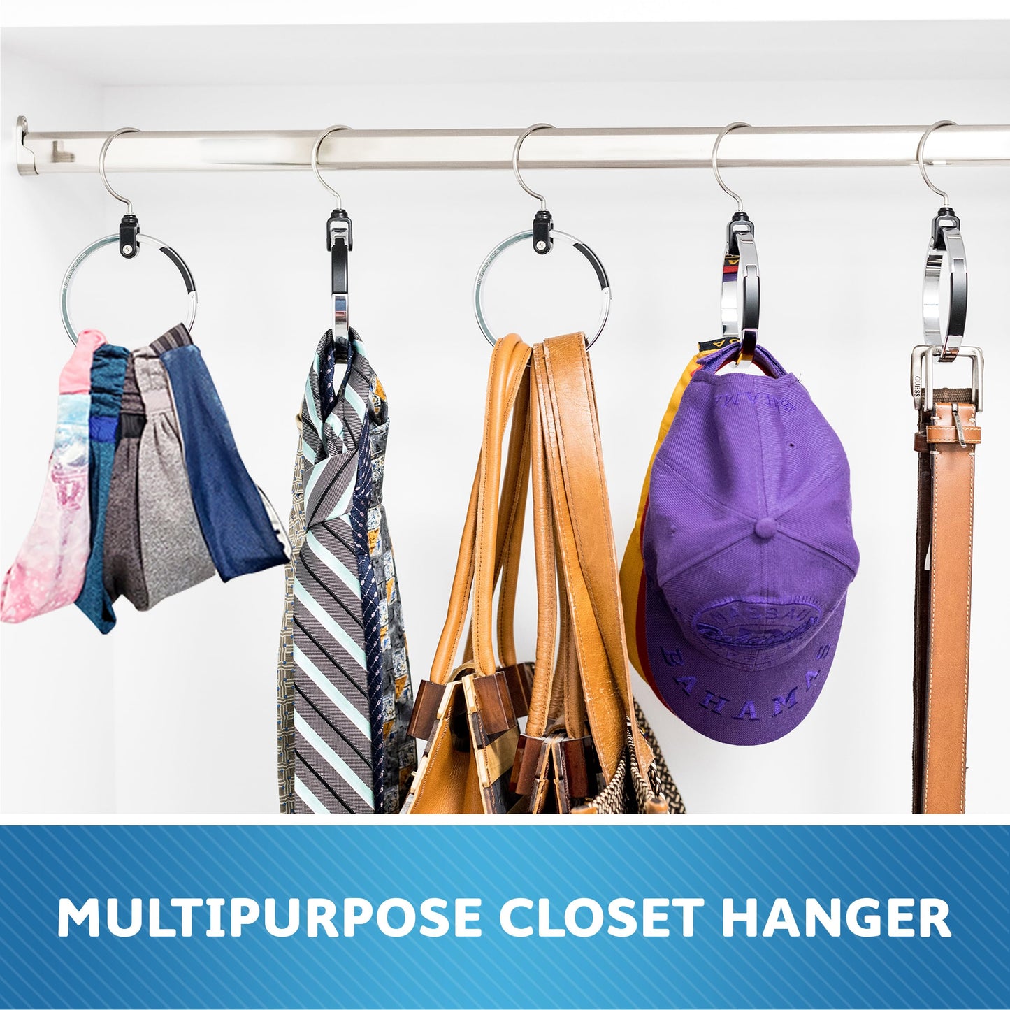 ROLLY HANGER Multipurpose Closet Hangers- Tie and Belt Hanger for Closet- Great Space Saving Belt Organizer for Wardrobe - Ideal for Storing Belts, Ties, Scarfs, Baseball Hats, Purses & More- 1 Pack