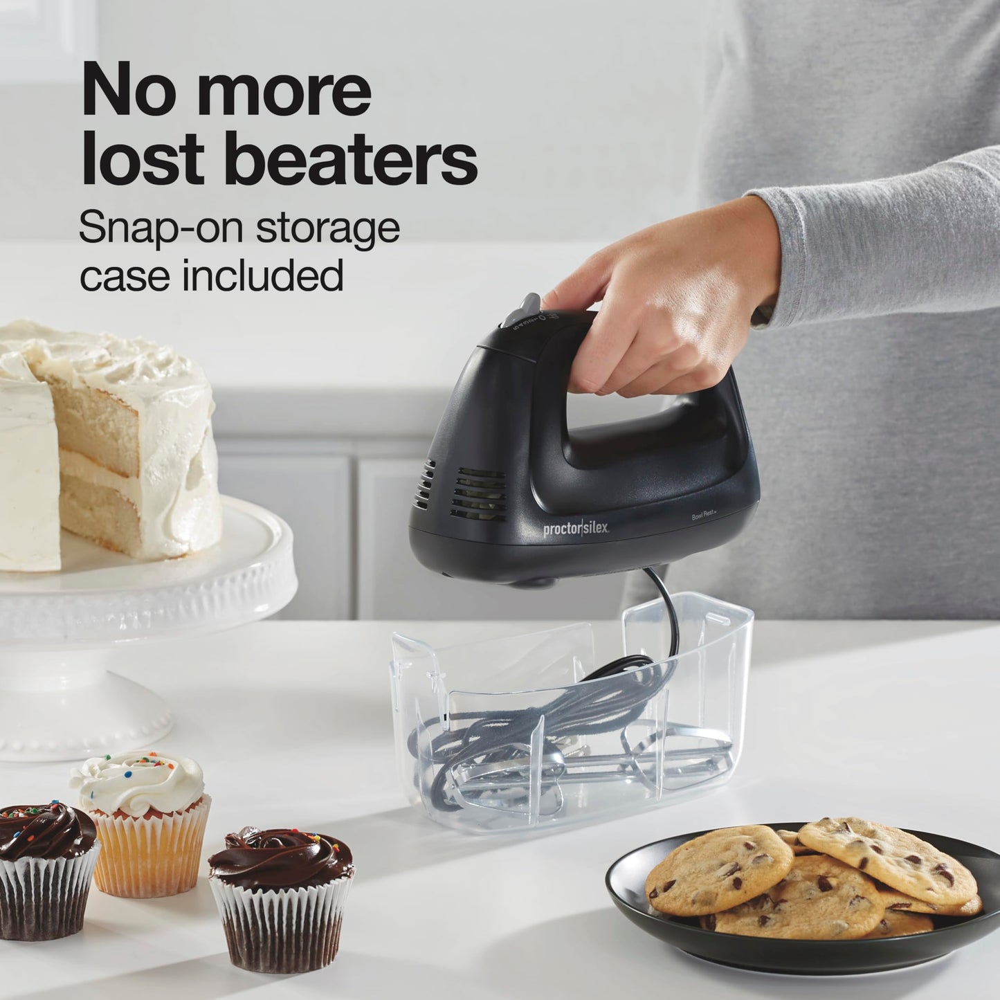 Proctor Silex 5-Speed Electric Hand Mixer for Baking, 100W, Snap-On Storage Case, Lightweight with 2 Beaters, Matte Black (62512)