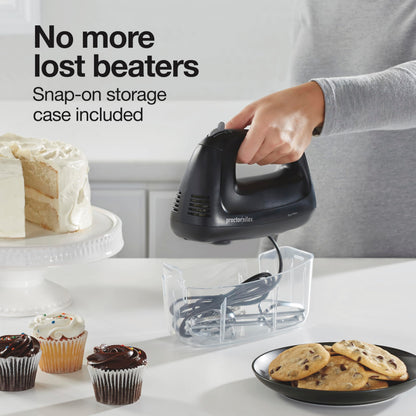 Proctor Silex 5-Speed Electric Hand Mixer for Baking, 100W, Snap-On Storage Case, Lightweight with 2 Beaters, Matte Black (62512)