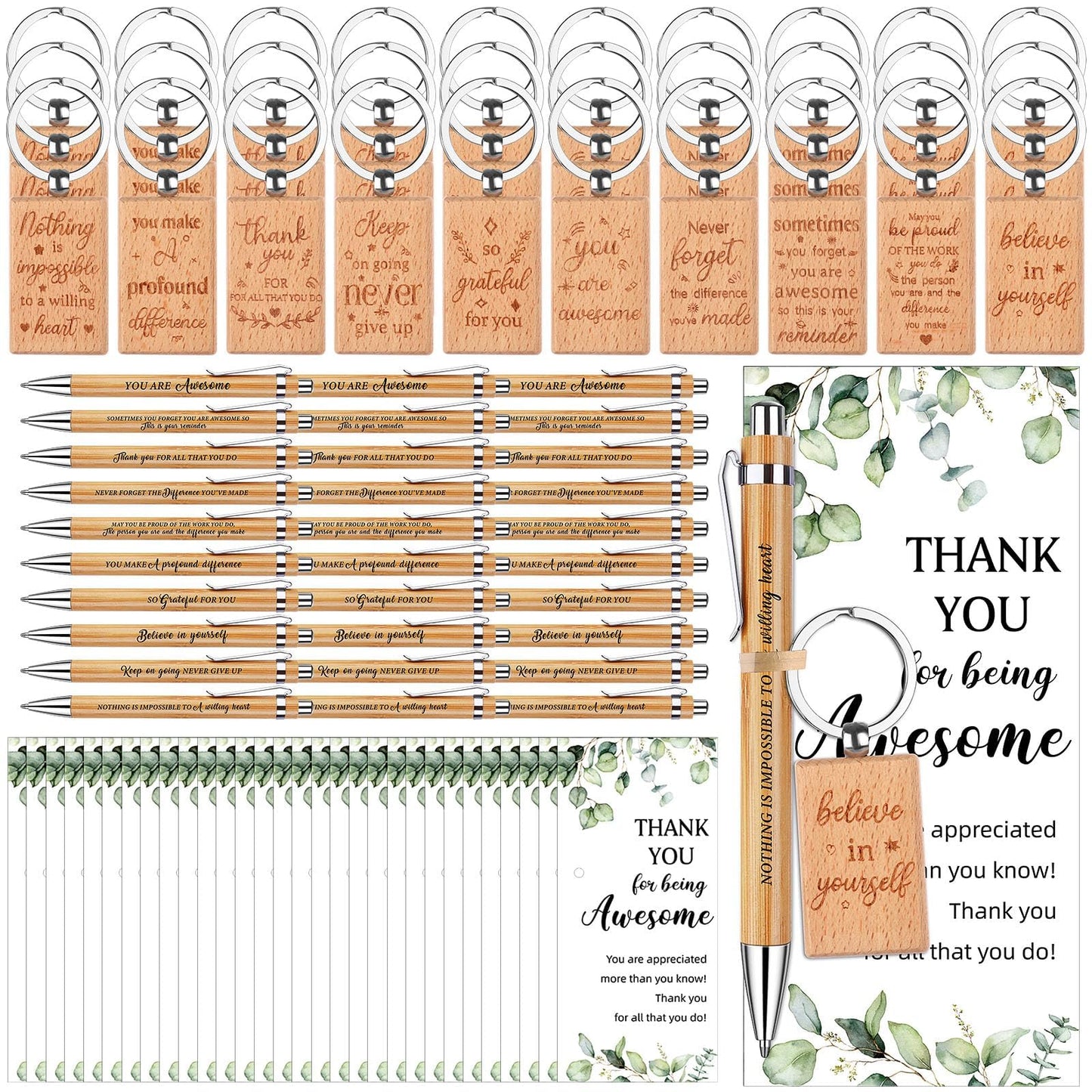 30Set Thank You Bulk Gifts Inspirational Quote Pens Motivational Ballpoint Pen Thank You Cards Inspirational Keychains Employee Appreciation Gifts for Coworker Staff Teacher Nurse Volunteer Leave Gift