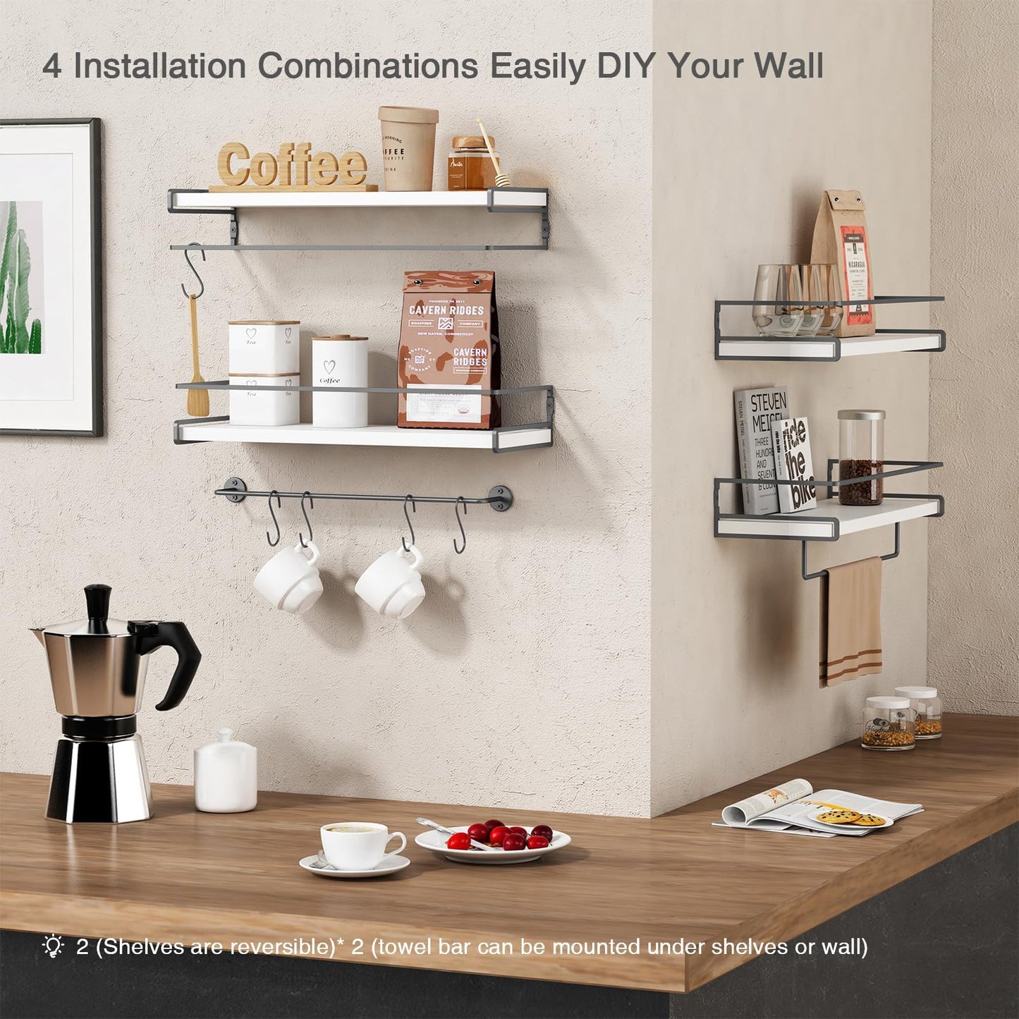 DNACHEW White Floating Shelves for Bathroom Organizer Over Toilet, Bathroom Shelves Wall Mounted with Towel Rack, Corner Wall Shelf for Bedroom Decor Kitchen Storage (White-Dark Grey, Set of 2)