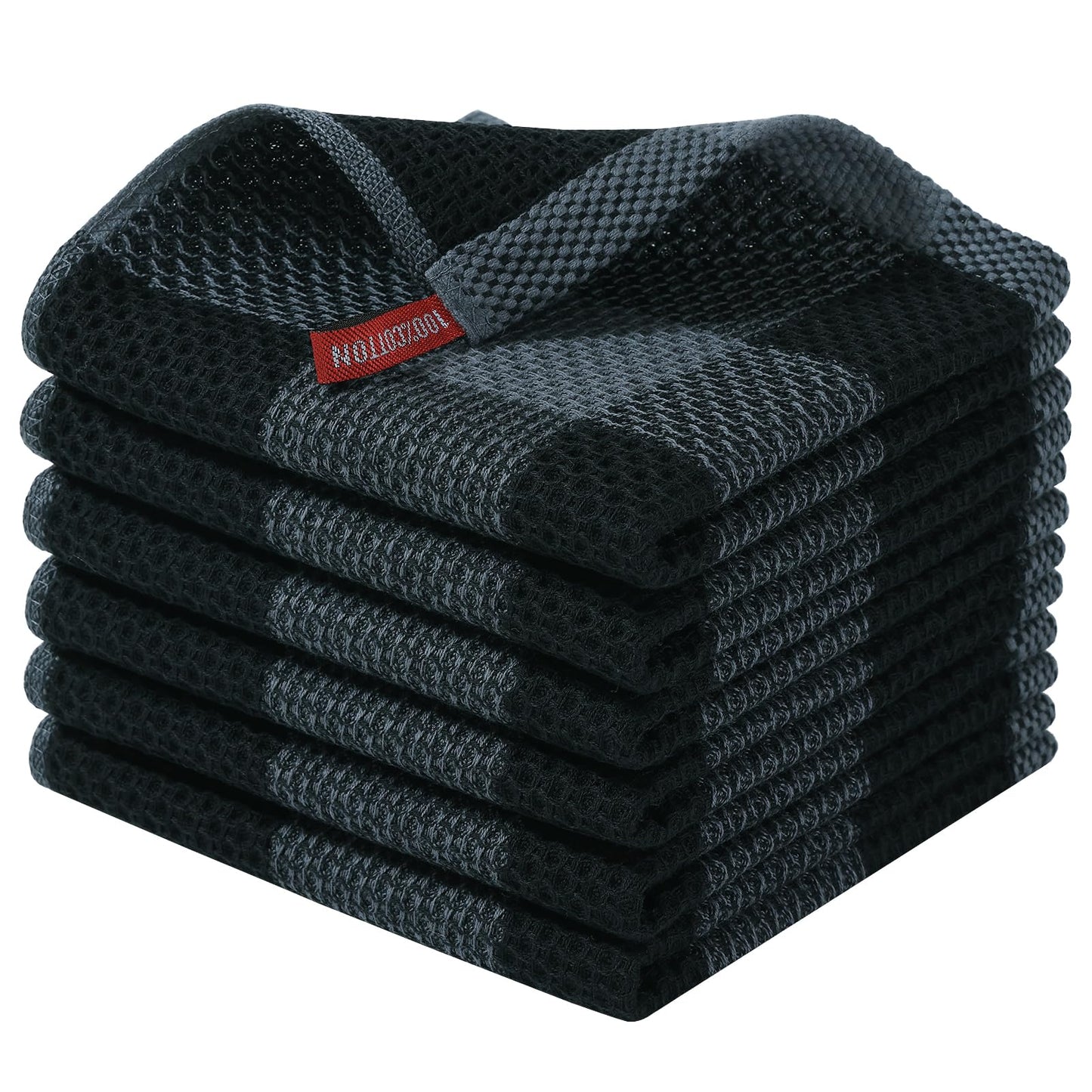 smiry 100% Cotton Kitchen Towels, 12" x 12", 6 Pack Waffle Weave Dish Cloths, Super Soft Dish Towels, Absorbent Quick Drying Tea Towels, Black&Dark Grey