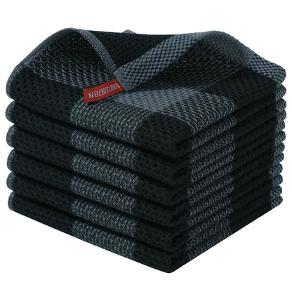 smiry 100% Cotton Kitchen Towels, 12" x 12", 6 Pack Waffle Weave Dish Cloths, Super Soft Dish Towels, Absorbent Quick Drying Tea Towels, Black&Dark Grey