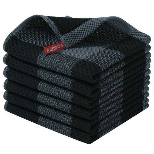 smiry 100% Cotton Kitchen Towels, 12" x 12", 6 Pack Waffle Weave Dish Cloths, Super Soft Dish Towels, Absorbent Quick Drying Tea Towels, Black&Dark Grey