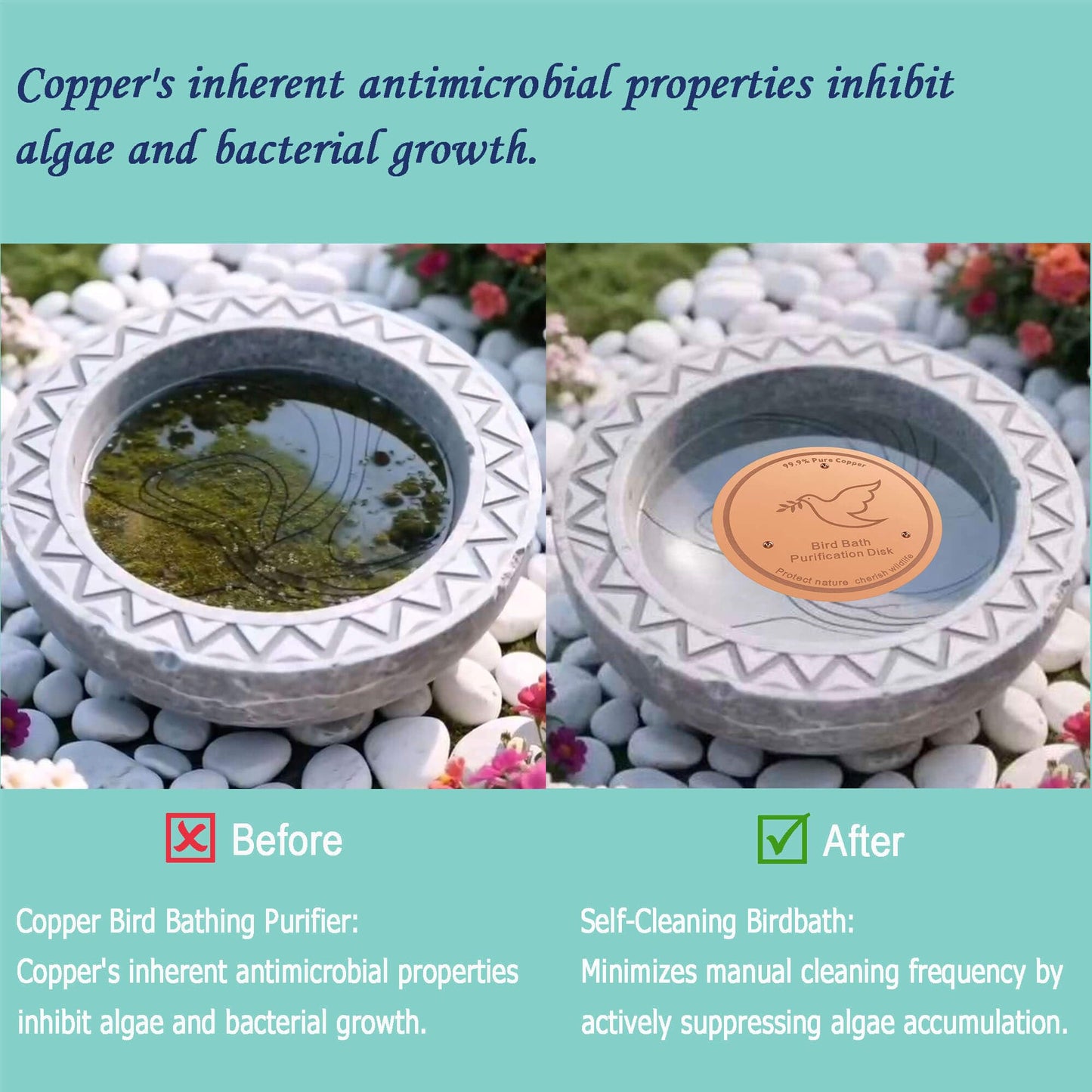YUMEWARM 3Pack Bird Bath Copper Purification Disk | 0.6mm Reinforced 99.9% Pure Copper | Universal Fit for Outdoor Birdbaths(Birdbath Copper 3 Pack)