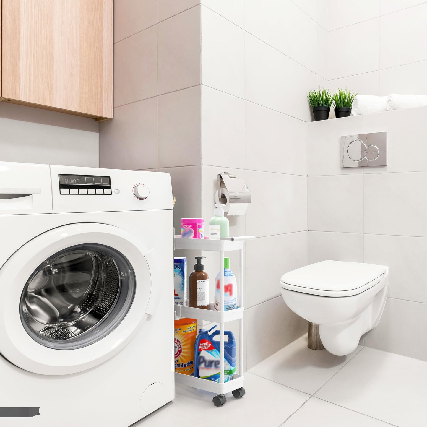 Simple Houseware 3-Tier Slim Rolling Cart with Handle and Hooks for Narrow Storage Places in Bathroom, Laundry and Kitchen, White