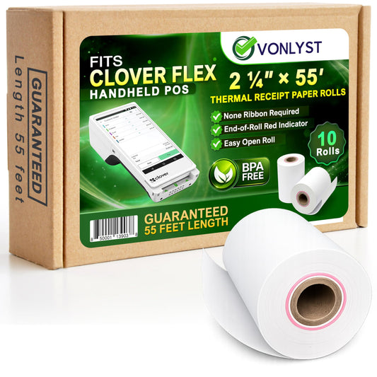 Vonlyst Clover Flex Paper Rolls 2 1/4" x 55’ Thermal Receipt Paper – 10 Rolls Pack - BPA Free POS Printer & Credit Card Machine Compatible C400 C401 C403 C405 C406