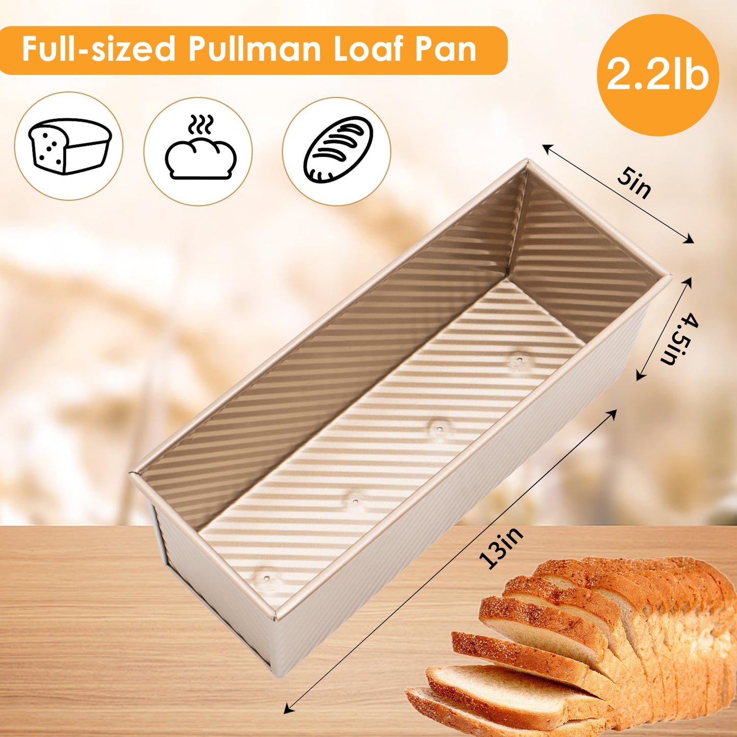 Spmarkt 13inchx 5inch Long Non-Stick Rectangle Pullman Loaf Pan with Lid, 2.2lb Capacity Sourdough Bread Pans for Homemade Bread, Deep Bread Tin with Dough Scraper Cutter