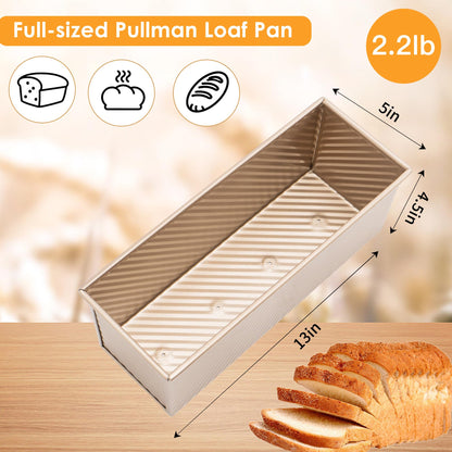 Spmarkt 13inchx 5inch Long Non-Stick Rectangle Pullman Loaf Pan with Lid, 2.2lb Capacity Sourdough Bread Pans for Homemade Bread, Deep Bread Tin with Dough Scraper Cutter