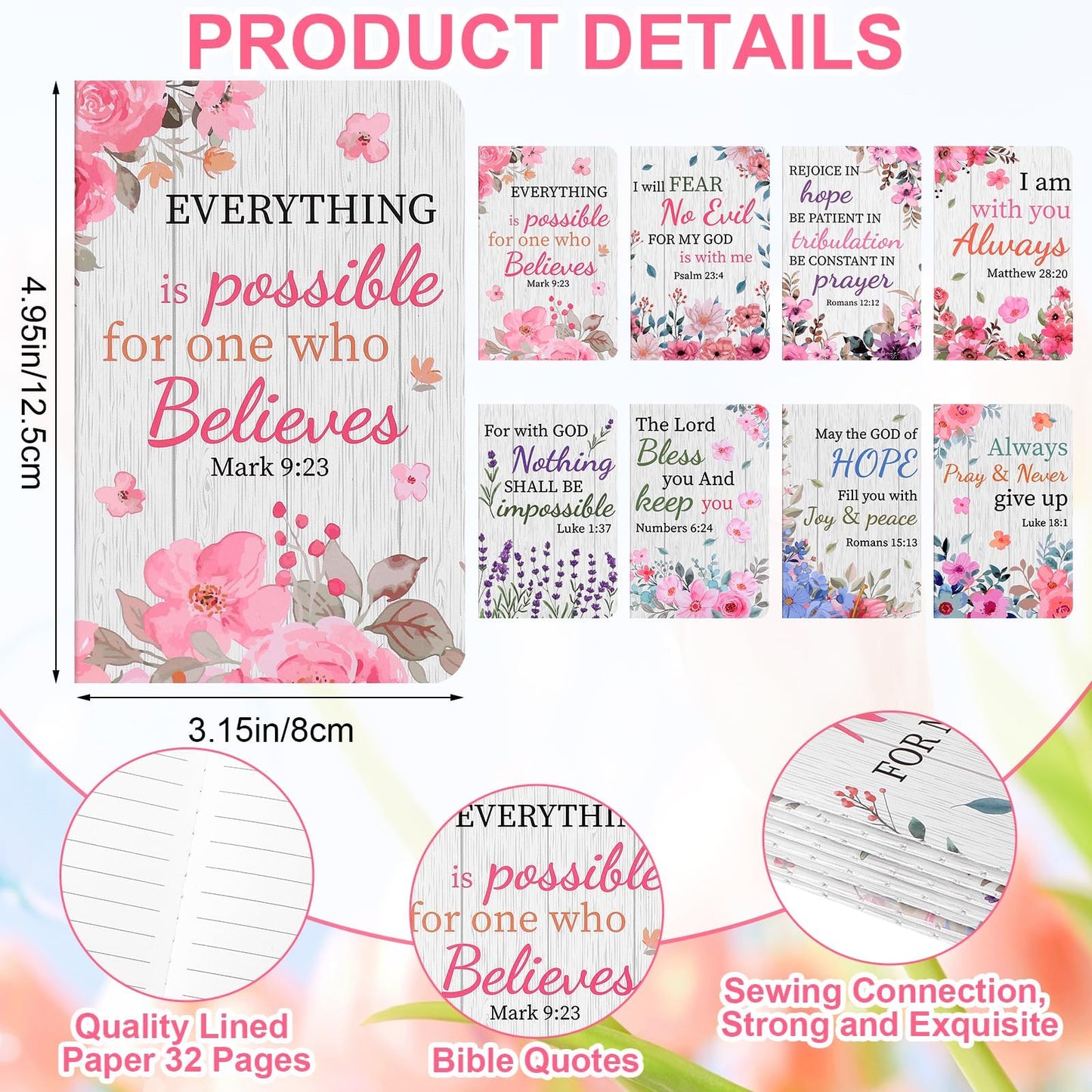 32 Pcs Flower Bible Verse Ballpoint Pens Notebooks Set Christian Gifts Bulk for Women Men Religious Gift Notepad Ink Pen Inspirational Church Party Favors for Colleague Coworker Office School Supplies