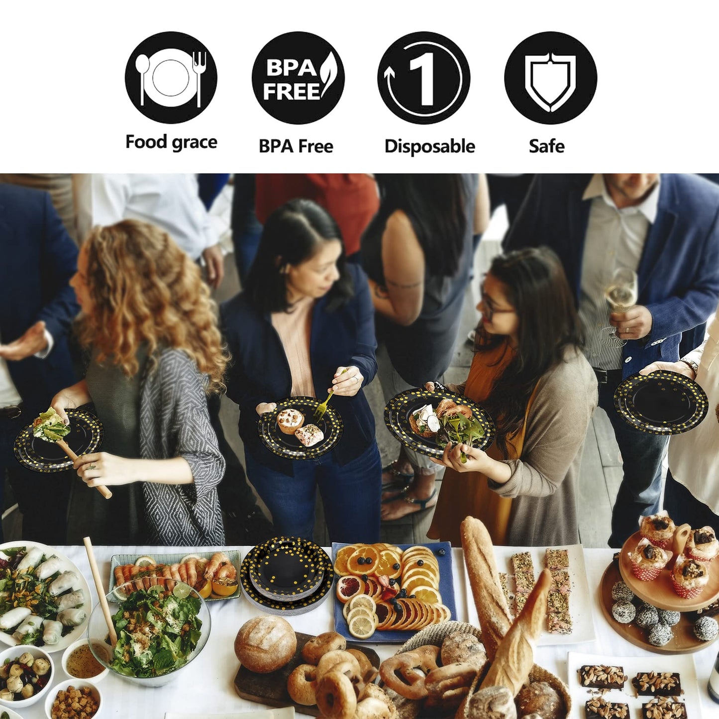 202pcs Eco-Friendly Disposable Black and Gold Paper Plates Cutlery Napkins Cups Tablecloth Banner Supplies Bulk, Non-Plastic Dinnerware Decorations for Party Wedding Birthday Dinner Dessert (25 Guest)
