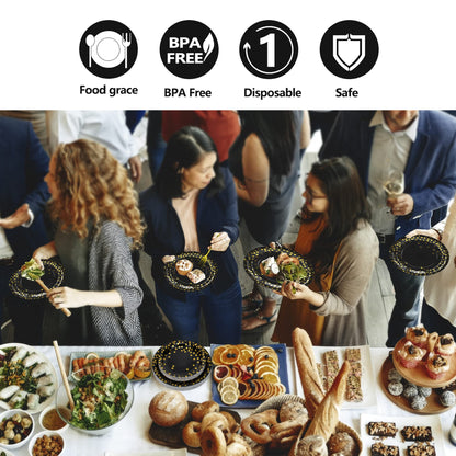202pcs Eco-Friendly Disposable Black and Gold Paper Plates Cutlery Napkins Cups Tablecloth Banner Supplies Bulk, Non-Plastic Dinnerware Decorations for Party Wedding Birthday Dinner Dessert (25 Guest)