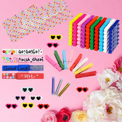 50 Set Cheer Pins Spirit Clips, Wooden Clothespins DIY Cheerleader Clips with Mini Resin Charms and Letter Beads for Backpacks & Classroom Crafts, Cheer Gifts Bulk for Team Girl