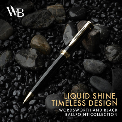Wordsworth and Black Luxury Ballpoint Pen Set - Black Lacquer 24K Gold Finish, Refillable Fine Point, Elegant Gift for Men & Women, Includes Ink Refill, Nice Pens for Work