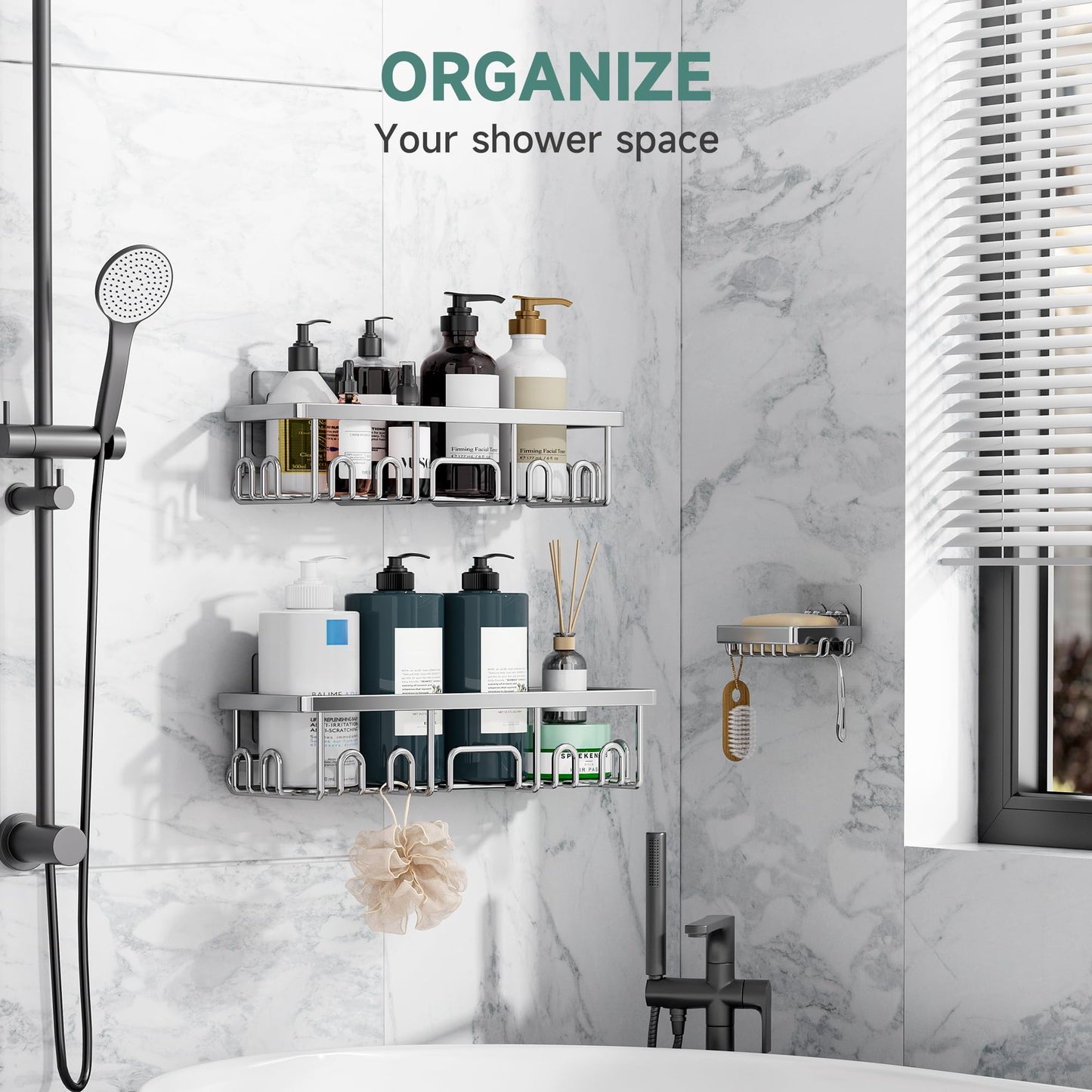 Veken Large Capacity Shower Caddy 3-Pack, No Drilling Adhesive Rack with Soap Holder, Rustproof & Waterproof Shelves, Bathroom Organizers and Storage, Wall-Mounted Kitchen & Home Decor, Silver
