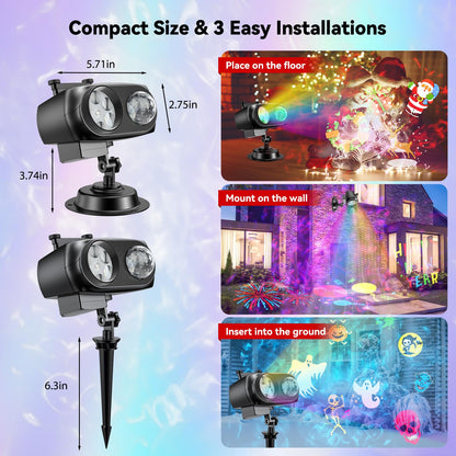 Christmas Projector Lights Outdoor, Waterproof 2-in-1 Holiday Decorations Projection Lamp (10 Ocean Wave & 160 Patterns) with Remote Control for Christmas New Year Decor Light Show (Black)