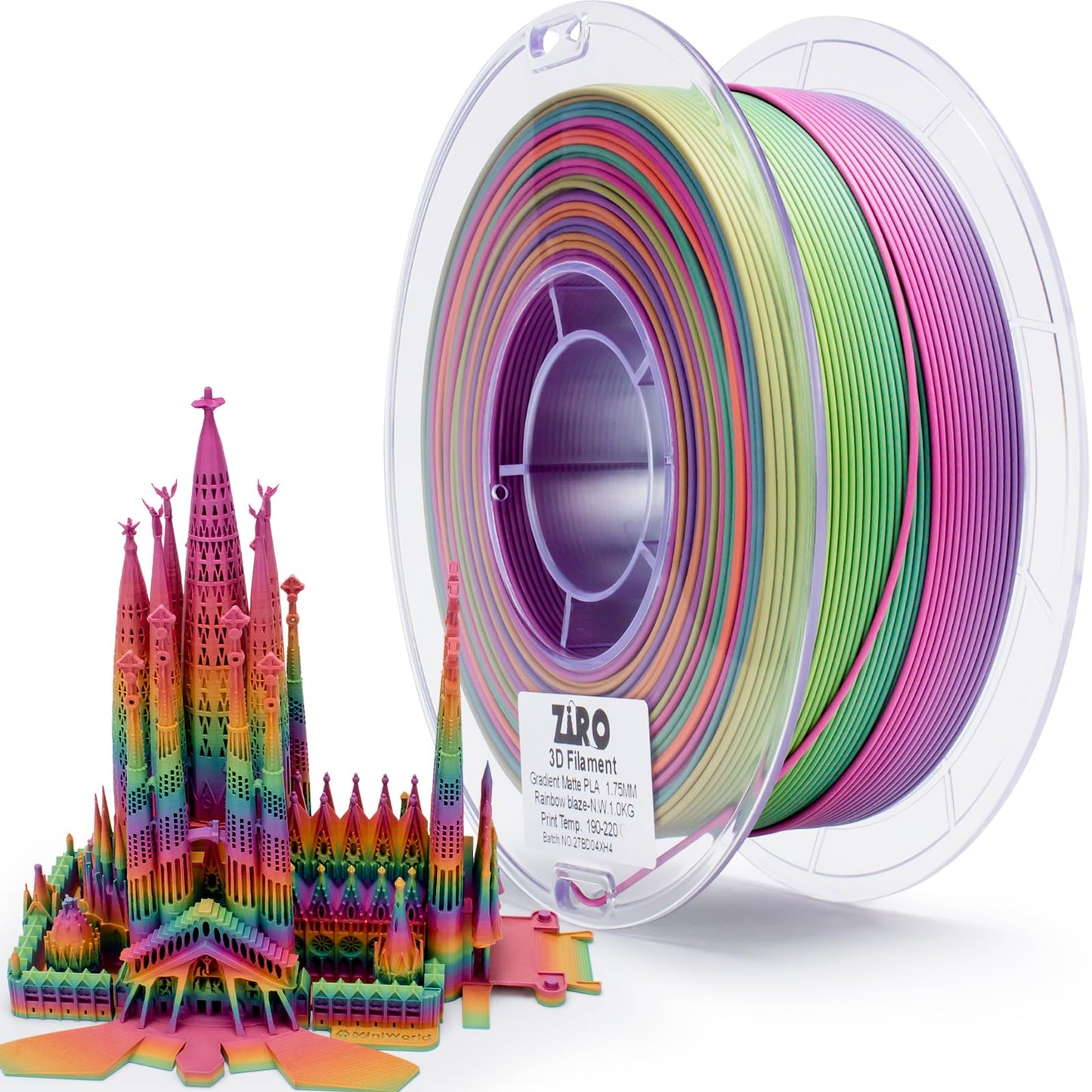 ZIRO 3D Printer Filament PLA, Fast Color Changing Filament(Matte), Color Change by Length PLA, Fit Most FDM 3D Printers, Matte Finish 1KG/ 2.2lbs Spool, Rainbow Blaze