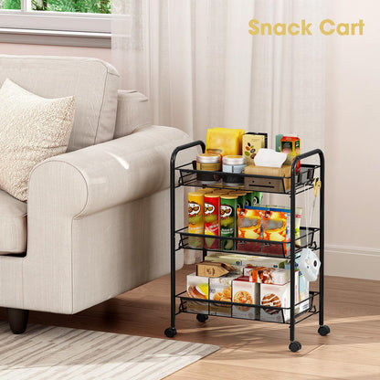 TOOLF 3-Tier Metal Rolling Cart, Mesh Wire Easy Assemble Utility Cart, Storage Trolley on Wheels with 3 Hooks, MetalStorage Shelving Units for Kitchen Bathroom Laundry Room