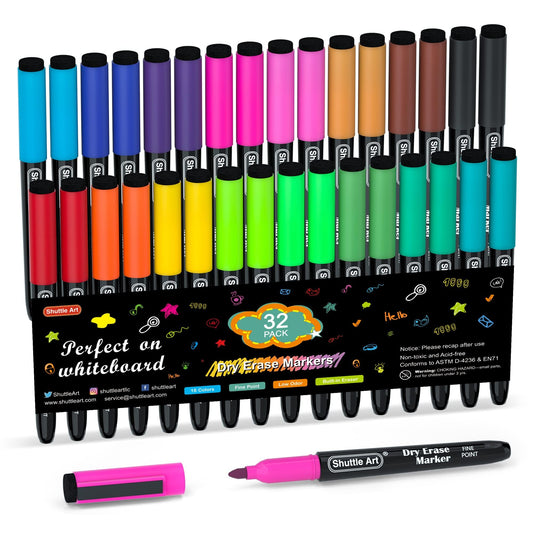 Shuttle Art Dry Erase Markers, 32 Pack 16 Colors Magnetic Whiteboard Markers with Erase,Fine Point Dry Erase Markers Perfect For Writing on Whiteboards, Dry-Erase Boards,Mirrors for School Office Home