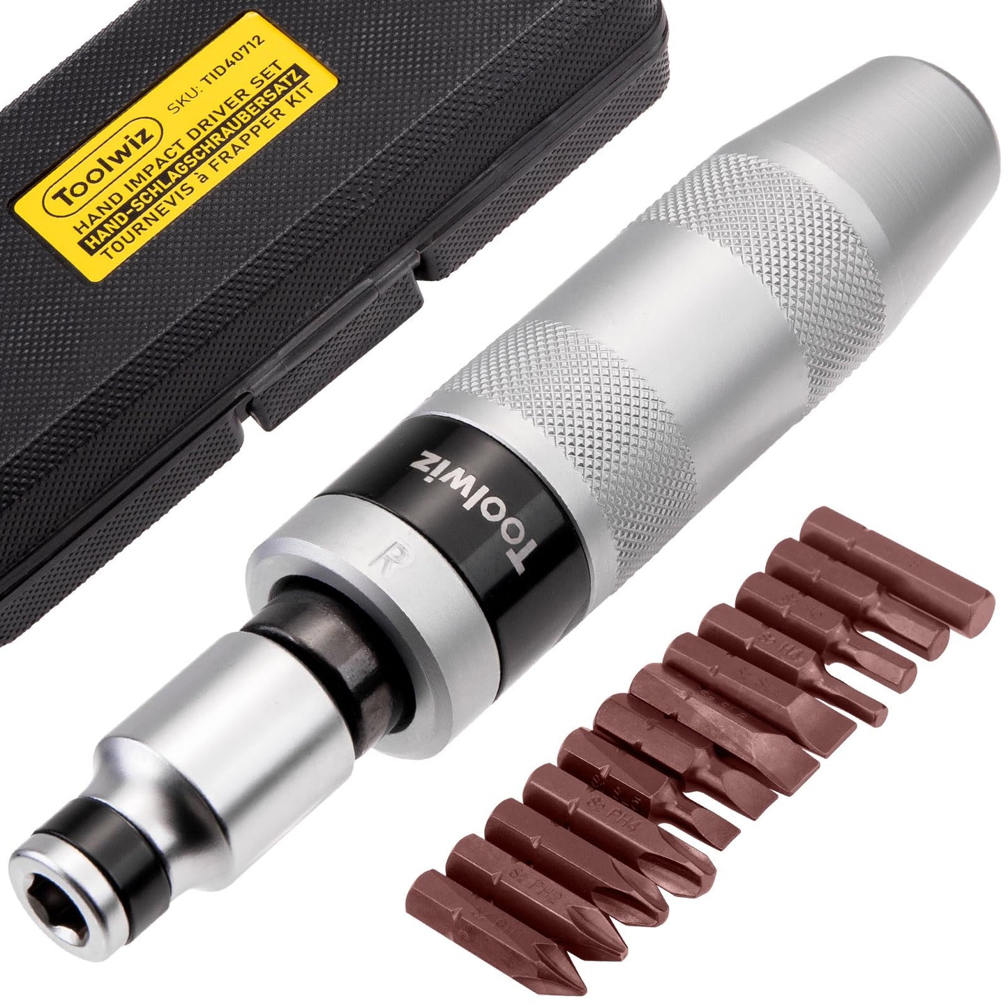 Toolwiz 1/2" Hand Impact Screwdriver Set - 14 Pcs, Reversible Manual Impact Driver with S2 Steel Screwdriver Bits for Disengage Rusted Fasteners or Frozen Bolts