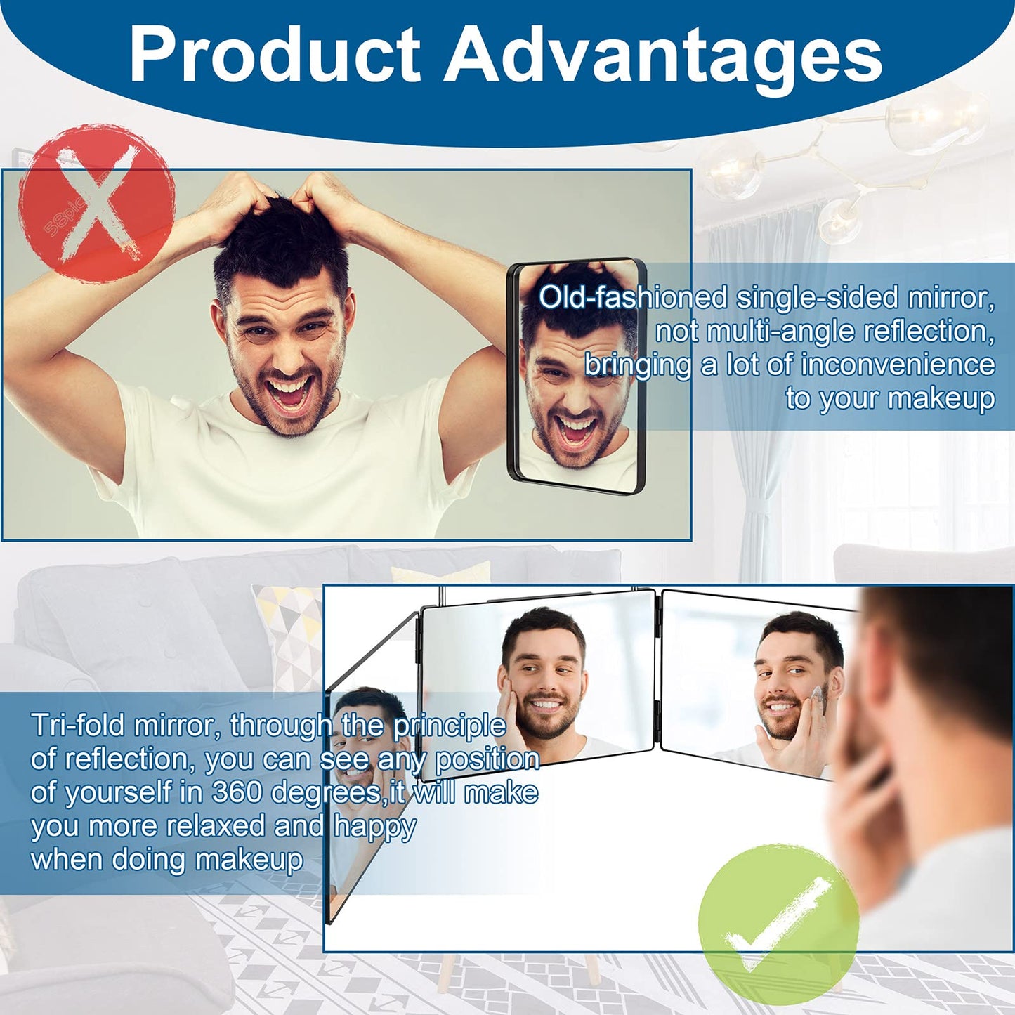 3 Way Mirror for Self Hair Cutting,360 Haircuts Mirror Men for Barber Use Tools,to See Back of Head,Tri Fold Mirror with Portable Height Adjustable Telescoping Hooks