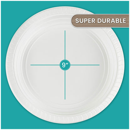PLASTICPRO 9 inch Round Plastic Plates Microwaveable, Disposable, White, Dinnerware 100 Count