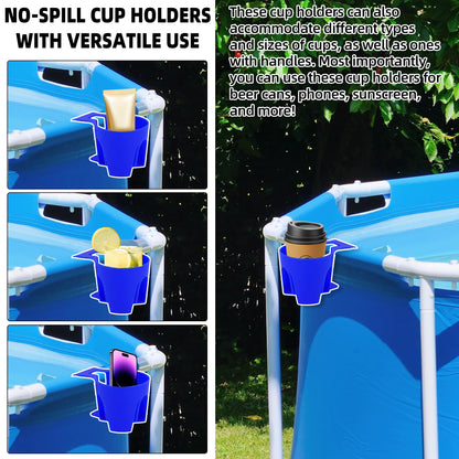 (6-Pack) Poolside Cup Holders for Above Ground Pools (Blue) - Compatible with Above Ground Pools with 2 Inches or Thinner Round Top Bars - Strong and Durable Easy to Use Clip-On No-Spill Cup Holders