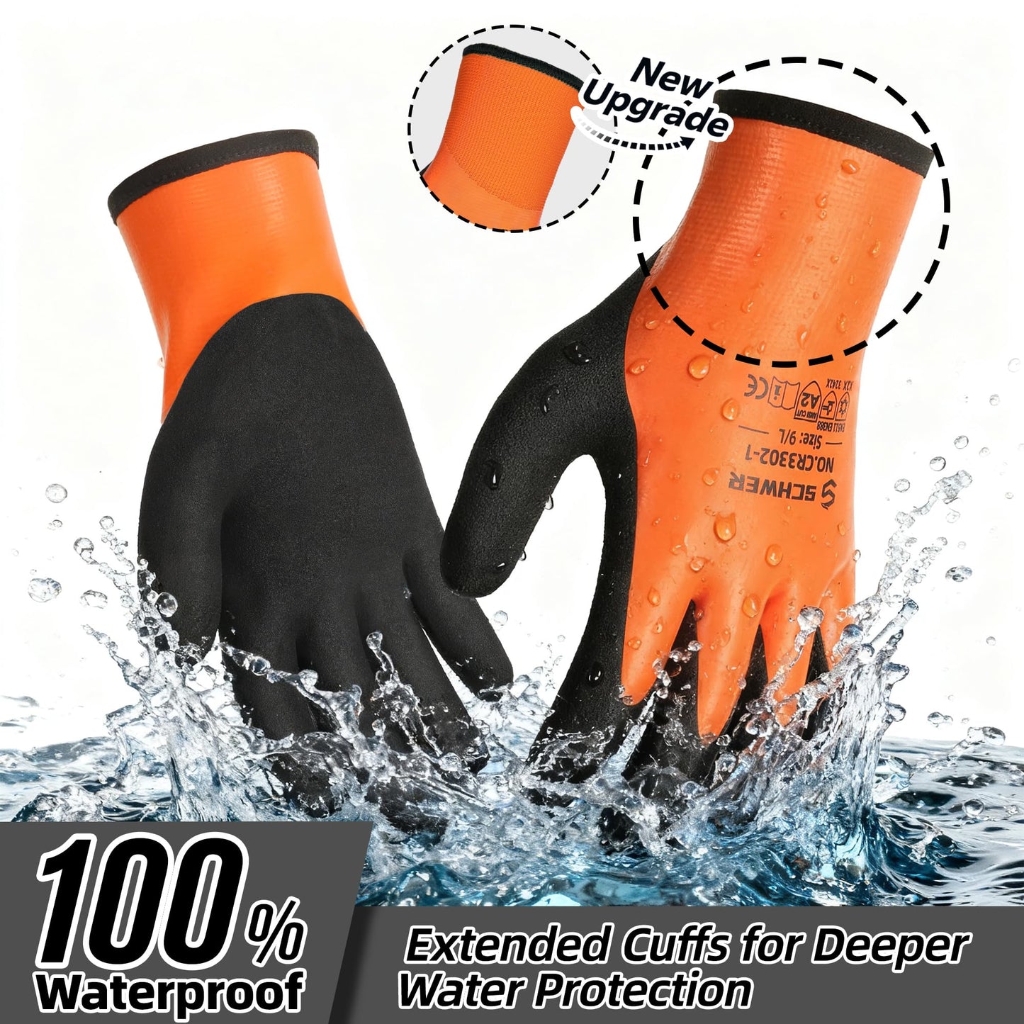 Schwer 2 Pairs FreezeGuard Winter Work Gloves, ANSI A2 Cut Resistant Freezer Gloves for Outdoor Cold Weather Keep Hands Warm, Waterproof Gloves for Shoveling Snow, Ice Fishing, L