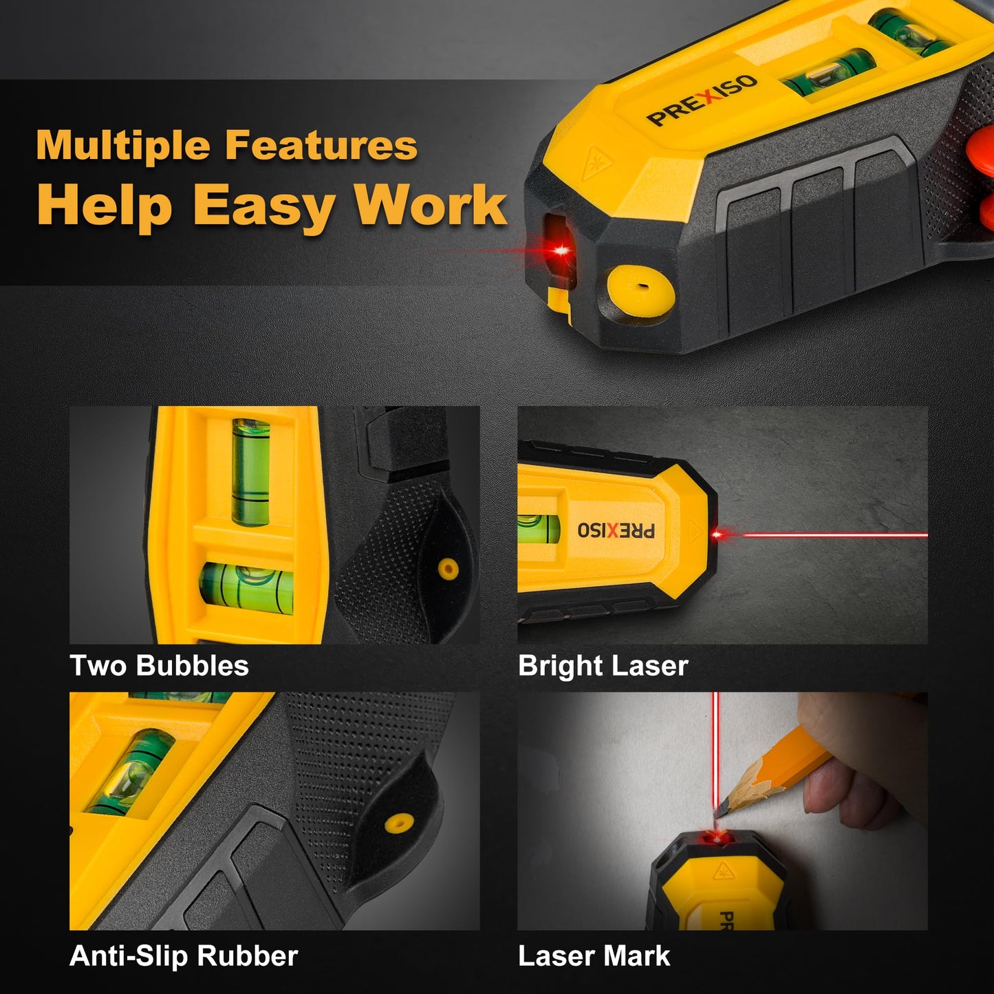PREXISO 2-in-1 Magnetic Stud Finder with Laser Level, Multi Surface Line Laser, Compact Wood & Metal Detector with Bubble Vials for Accurate Markings, Wall Scanners Tool for Hanging Frames & Pictures