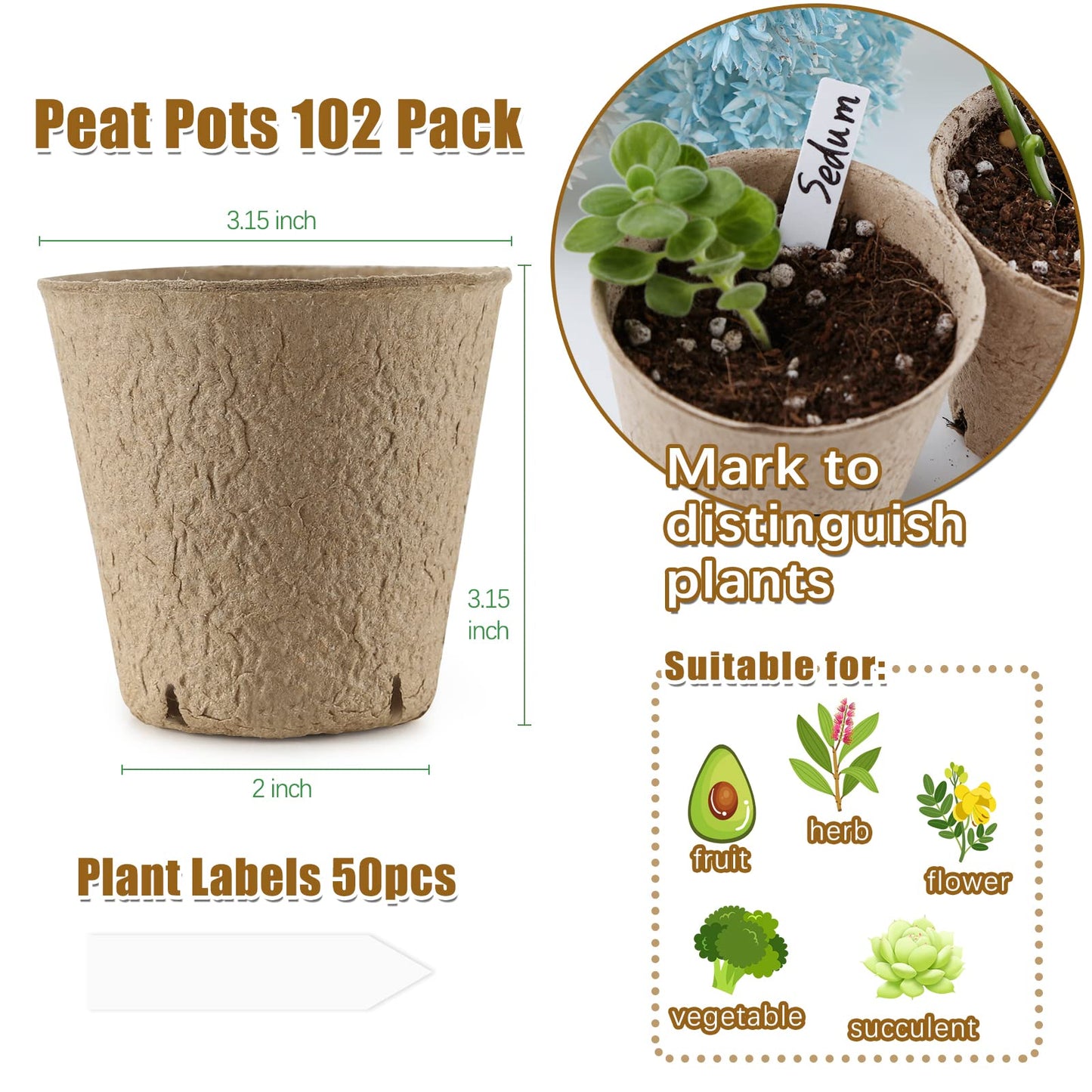 102 Pack Peat Pots for Seedlings, 3.15 Inch Biodegradable Planting Pot for Seedlings, Garden Plant Seed Starter Pots with Drainage Holes Peat Pot for Organic Vegetable Flower, Bonus 50 Plant Labels