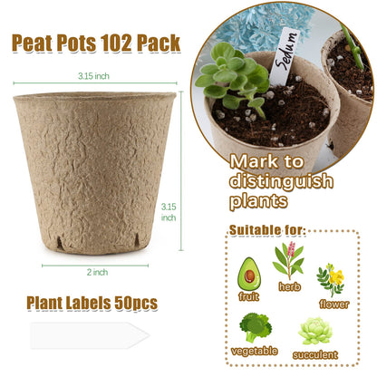 102 Pack Peat Pots for Seedlings, 3.15 Inch Biodegradable Planting Pot for Seedlings, Garden Plant Seed Starter Pots with Drainage Holes Peat Pot for Organic Vegetable Flower, Bonus 50 Plant Labels