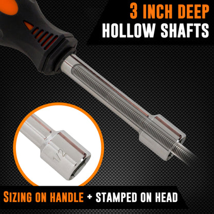Mutt Tools Professional 7-Piece Hollow Nut Driver Set - 3" Deep Hollow Shaft Nut Driver Set with Pass Through Design - SAE and Metric Sizes - Deep Well Nut Drivers