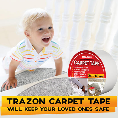 Trazon Carpet Tape Double Sided - Rug Tape Grippers for Hardwood Floors and Area Rugs - Carpet Binding Tape Strong Adhesive and Removable, Heavy Duty Stickers Tape, Residue Free (2 Inch / 40 Yards)