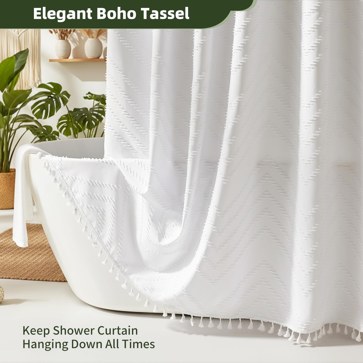 Boho Shower Curtain White Tassel Woven Fabric Shower Curtain Modern Farmhouse Textured Tufted Chevron Striped Minimalist Bathroom Hotel 72 x 72 White