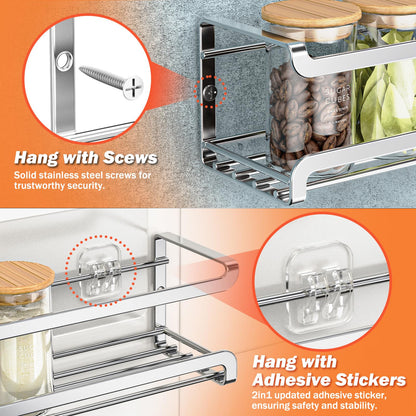 Bunoxea Spice Rack wall mounted 4 Pack, Space-Saving Spice Organizer for Spice Jars and Seasonings,Screw or Adhesive Hanging Spice Rack Organizer for Your Kitchen Cabinet,or Pantry Door,Chrome