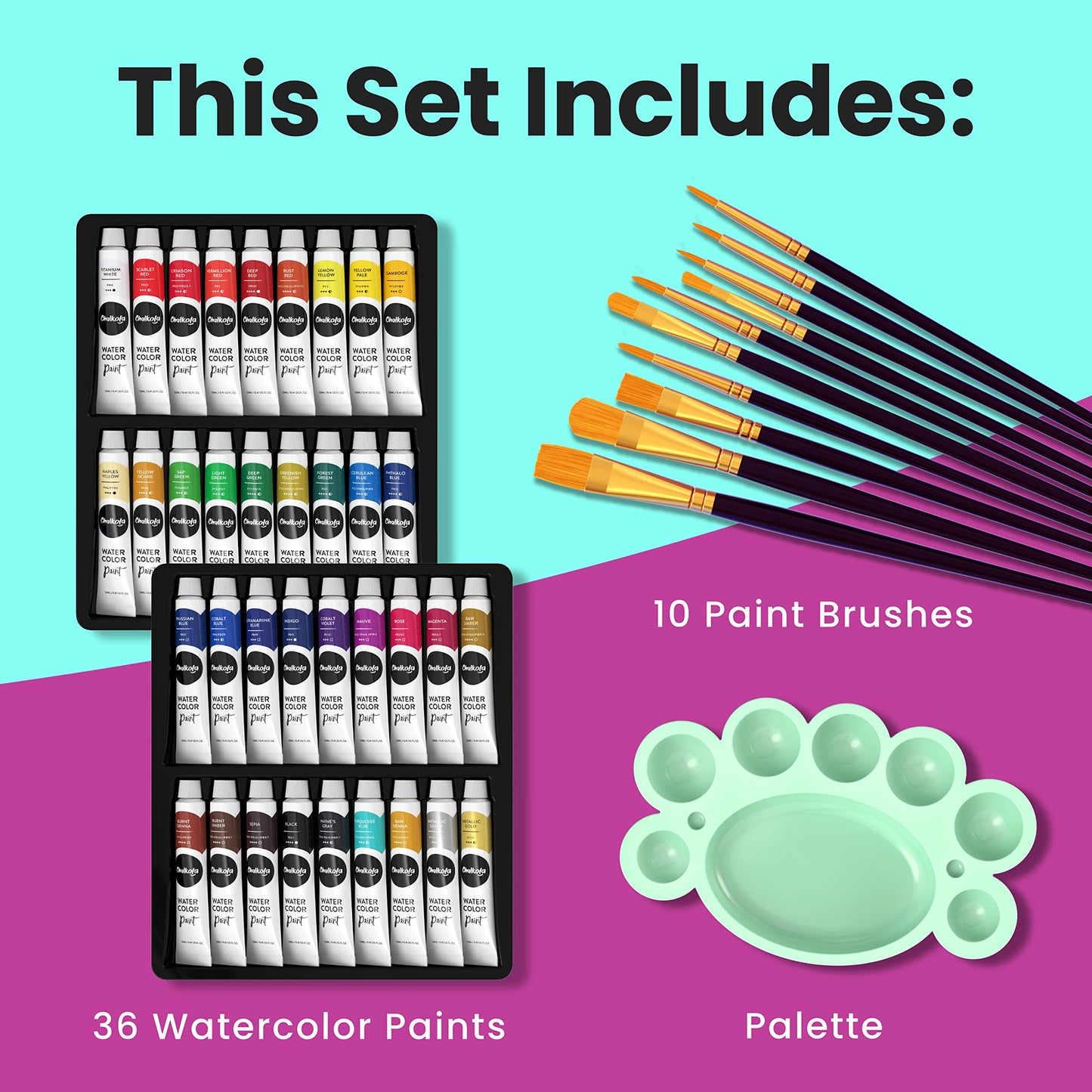Chalkola Watercolor Paint Kit for Adults - 36 Watercolor Tubes (12ml, 0.4oz), 10 Painting Brushes & 1 Palette - Water Colour Paint Set for Beginners & Professional Artists | Watercolour Supplies