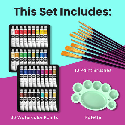Chalkola Watercolor Paint Kit for Adults - 36 Watercolor Tubes (12ml, 0.4oz), 10 Painting Brushes & 1 Palette - Water Colour Paint Set for Beginners & Professional Artists | Watercolour Supplies