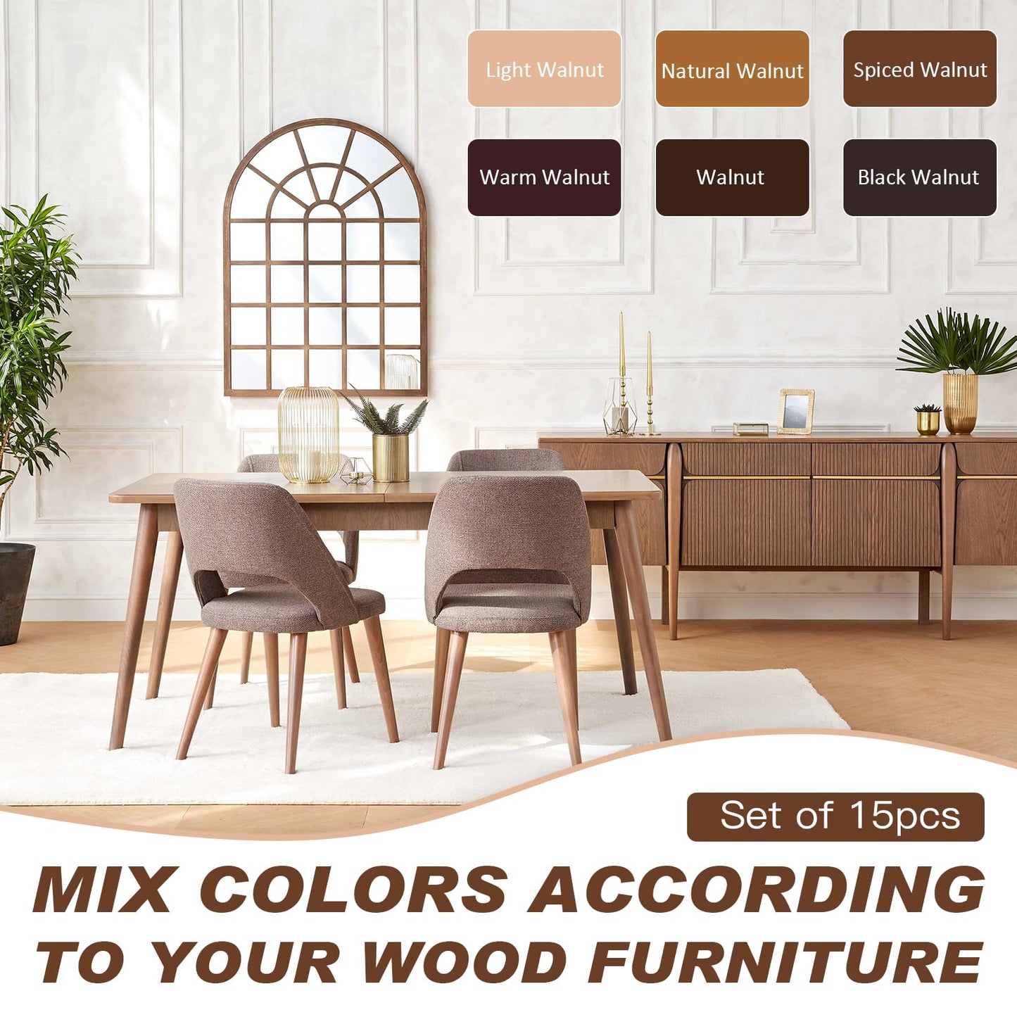 Wood Furniture Repair Kit, 6 Colors Wood Filler Hardwood Laminate Vinyl Floor Repair Kit with Wood Putty, Wood Polish Wax for Hole, Scratch, Crack, Stain (Walnut Wood 15Pcs)